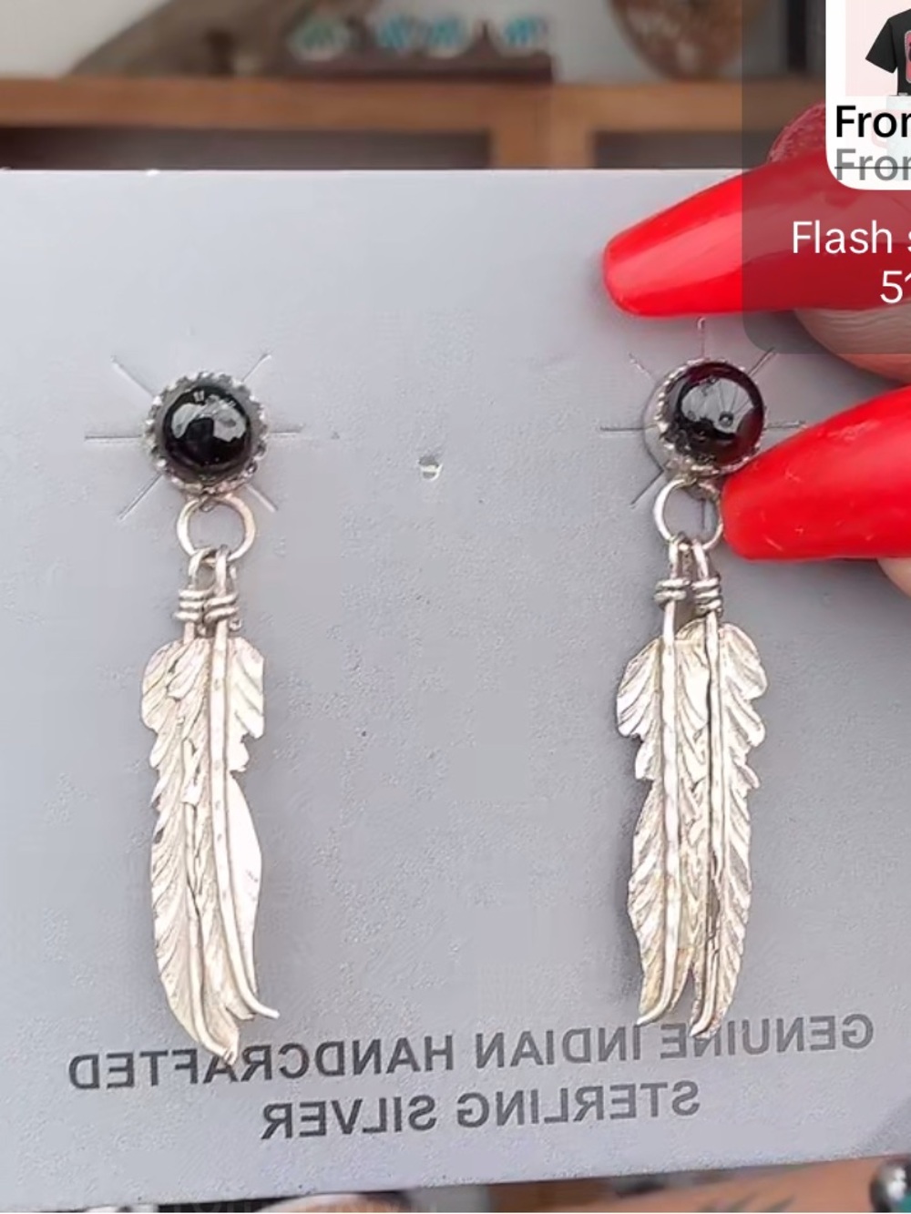Sterling Silver Feather Drop Earrings with Black Stone Accent